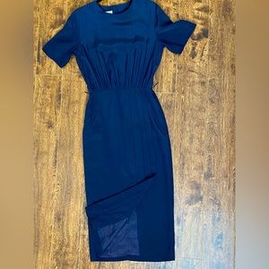Vintage Y2K 100% Silk Slip Dress Short Sleeve Button Down Dress Navy Silk Dress